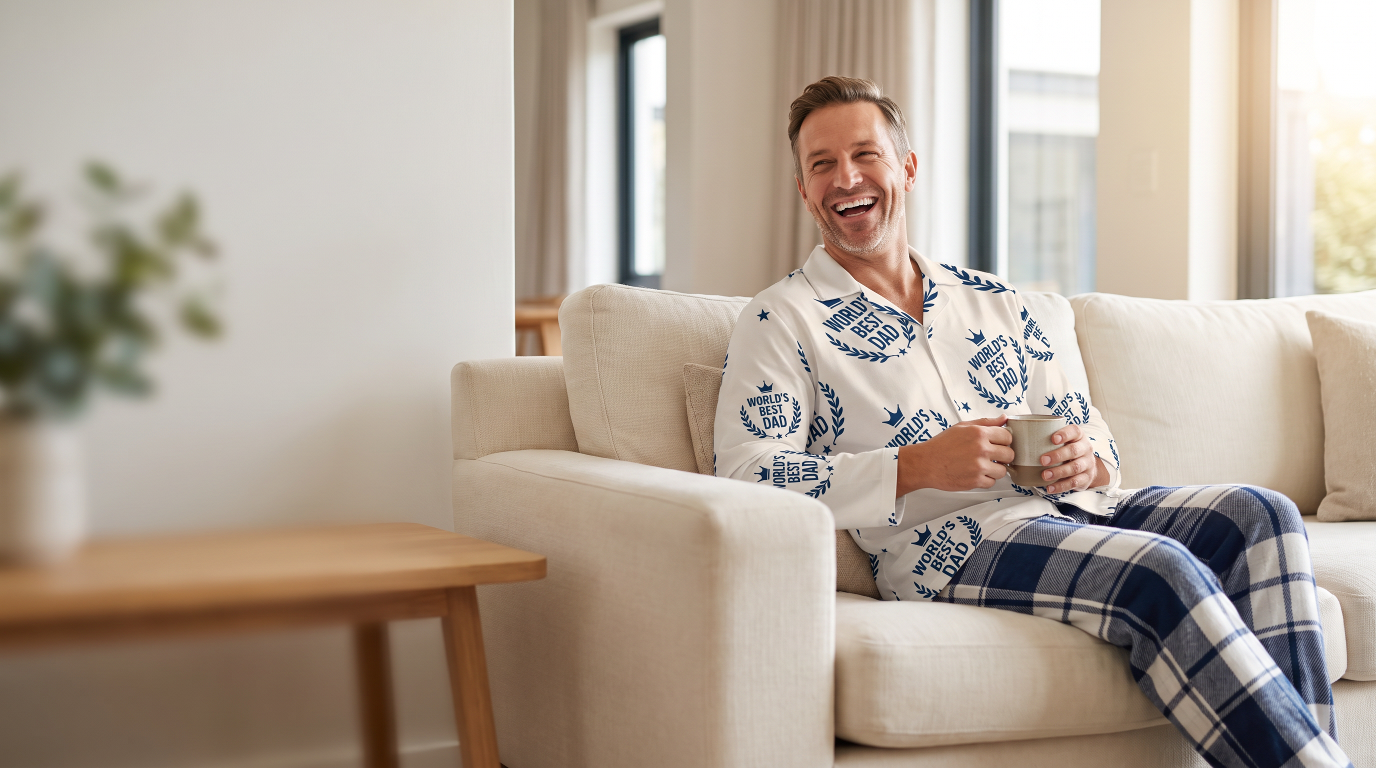 Smiling dad relaxing on a sofa wearing PJ Loco World's Best Dad pyjamas for Father's Day