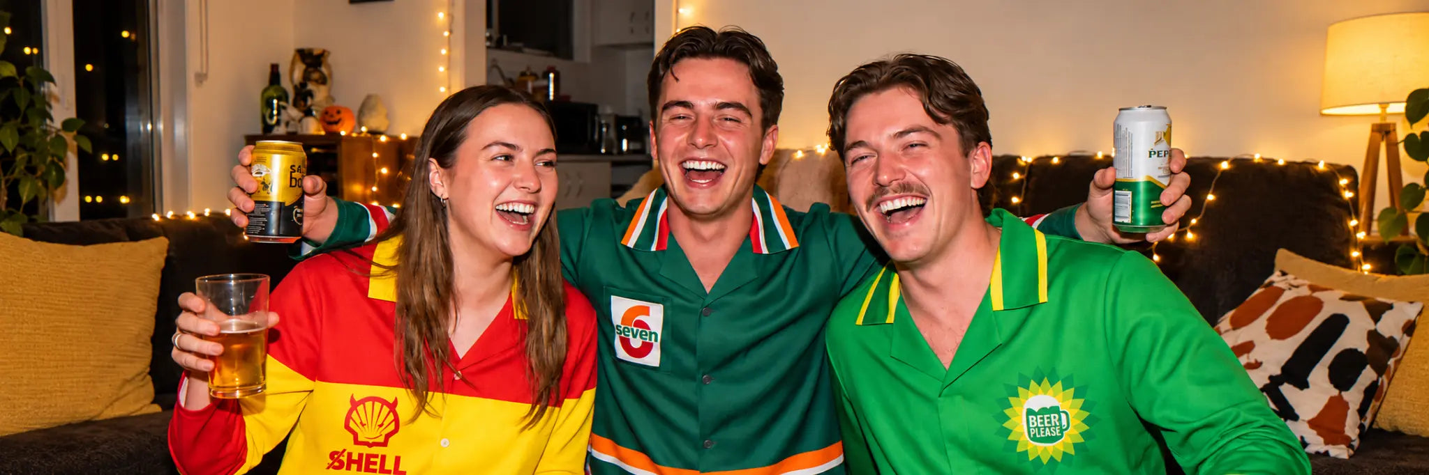 Three friends wearing the Servo Loco PJ sets at a Halloween party